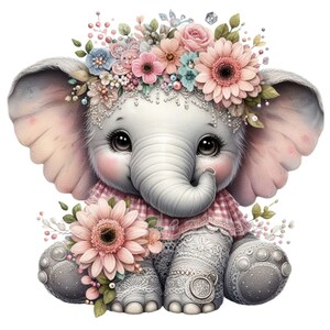 May include: A cute gray elephant wearing a pink and white gingham dress and a floral crown. The elephant is sitting on a white background and has a sweet expression on its face.