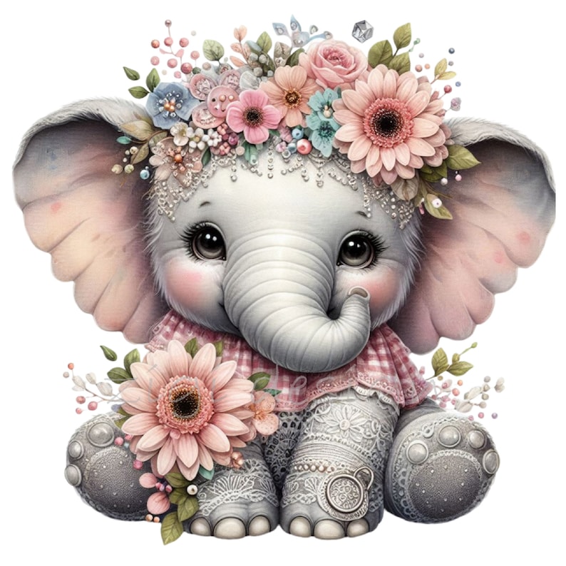 May include: A cute gray elephant wearing a pink and white gingham dress and a floral crown. The elephant is sitting on a white background and has a sweet expression on its face.