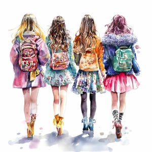 48 ragazze JPEG con zaini - Clipart JPG di abiti ad acquerello - Arte floreale con giacca per decorazioni murali per adolescenti, illustrazione di moda stampabile