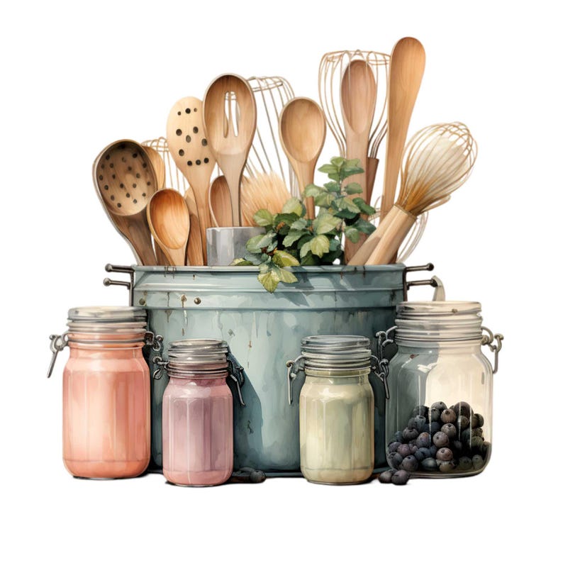 15 PNG Rustic Kitchen Cooking Utensils Clipart, Pantry Jars Art Graphic ...