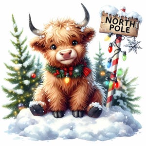 15 JPEG Christmas Highland Cow – Holiday Animal JPG Clipart – Cute Snow Scene with Lights for Winter Decor, North Pole Printable