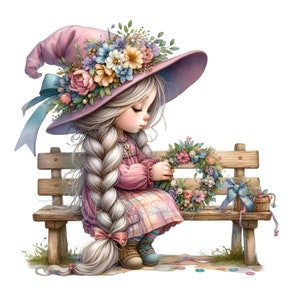 10 Clipart PNG di ragazza floreale - Ragazza carina con capelli intrecciati e cappello di fiori seduta su una panchina - Sublimazione primaverile per lavoretti per bambini