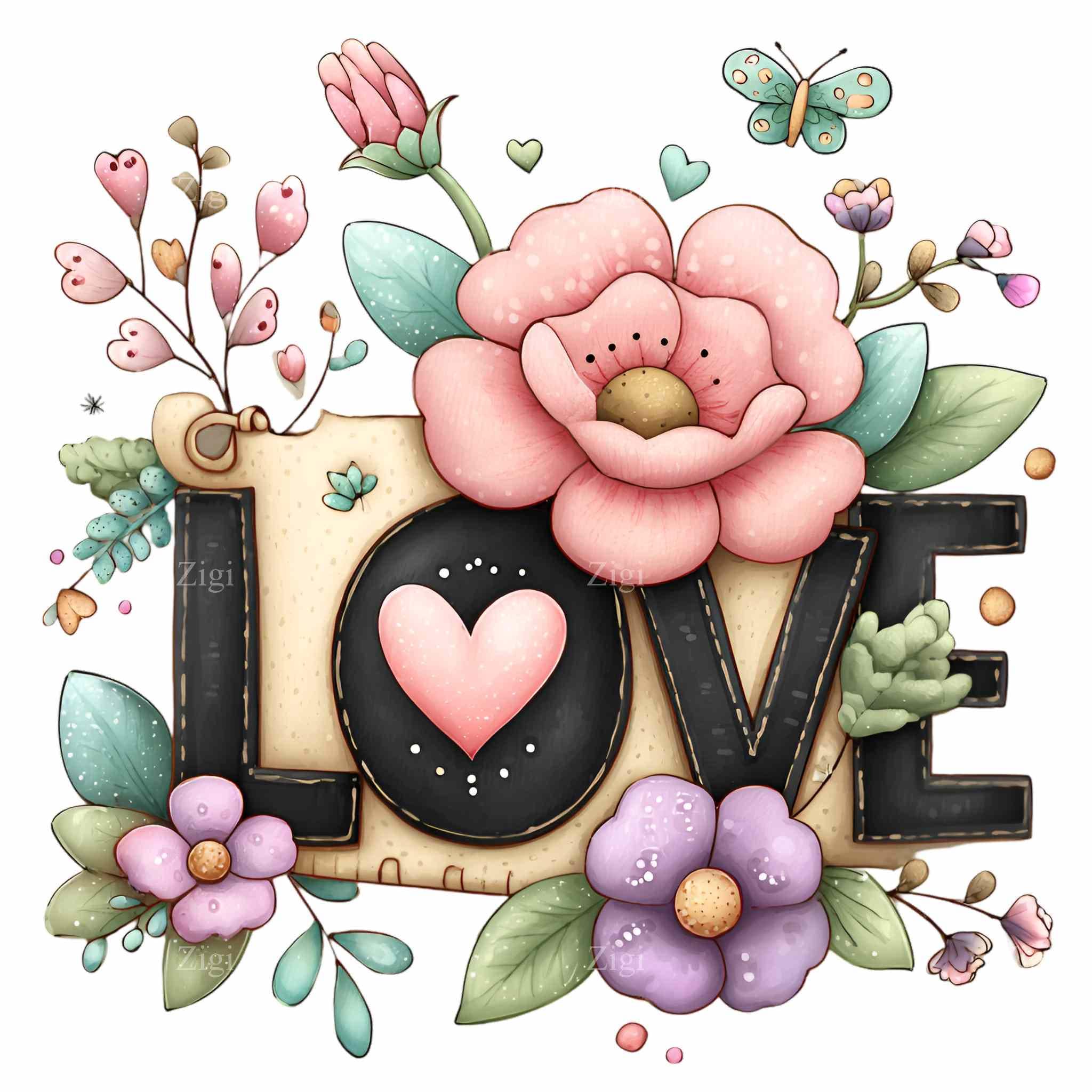 12 PNG Floral LOVE Clipart – Romantic Flower Letters PNG for Valentine ...