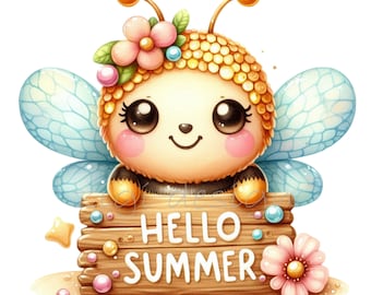 10 PNG Hello Summer Bee, Sunflower Bumblebee Clipart, Garden Sign Bright Graphic