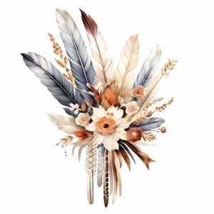 44 imágenes prediseñadas florales de plumas JPEG: ilustración JPG de ramo neutro: arte rústico para impresiones, manualidades, tarjetas de boda y decoración de paredes