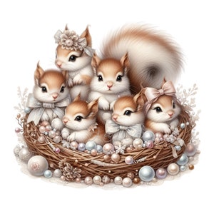 12 simpatici scoiattoli famiglia PNG Clipart nel nido con perle, fiocchi e fiori – adorabile animale del bosco da scaricare