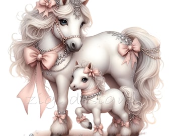 15 PNG Horse and Foal Clipart – Mother Baby Horse Art with Pearls and Bow, Pastel Equestrian Illustration, Nursery Decor, Sublimation Design
