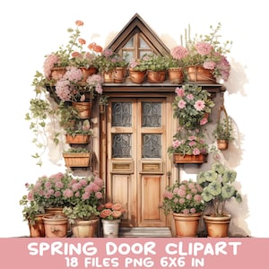 18 printemps porte Clipart PNG ensemble, porte de chalet floral avec plantes et pots, entrée jardin rustique en téléchargement numérique