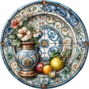 May include: A decorative ceramic plate with a floral and fruit still life. The plate features a blue and white design with a vase of flowers, a lemon, and other fruits. The plate is round and has a detailed border.