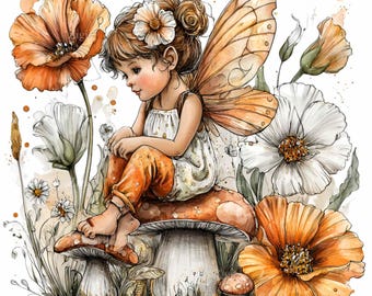 11 PNG de Hada de Otoño: Ilustración de Niña del Bosque con Flores de Hongos para Guardería