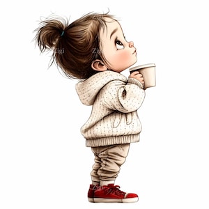 20 Adorable Girl PNG Clipart - Cute Girl in Hoodie Holding Coffee Cup with Red Shoes - Digital Download
