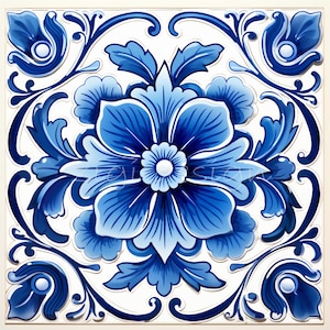 Pacchetto di clipart di piastrelle di ceramica, 10 immagini di acquerelli di piastrelle blu portoghesi di Azulejo mediterranei su carta digitale