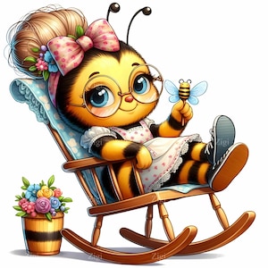 May include: A cartoon bee character with glasses, a bow, and a floral headband, is seated in a wooden rocking chair. The bee is holding a small bee figurine. A wooden bucket with colorful flowers sits nearby.