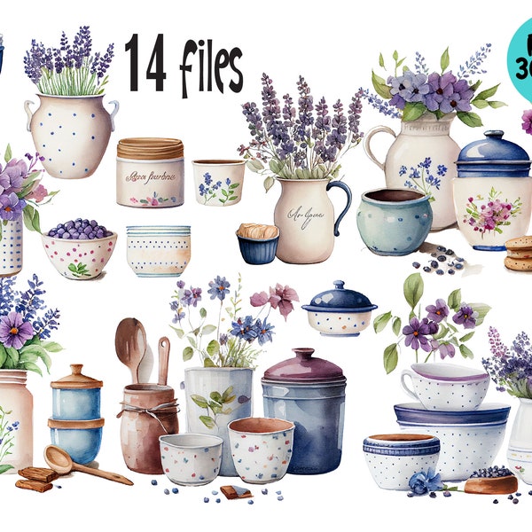 Kitchenware Clipart, Watercolor Rustic Blue Pottery Printable Digital Download, Sublimation PNG