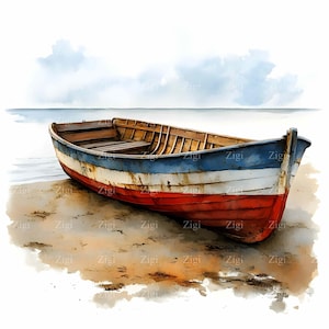 20 JPEG vintage barque en bois sur le rivage Clipart - scène côtière rustique - plage nautique Art JPG