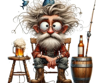 Quirky Old Fisherman Clipart 15 PNG - Vintage Fisherman with Crazy Hair and Fishing Gear for Digital Art and Crafts
