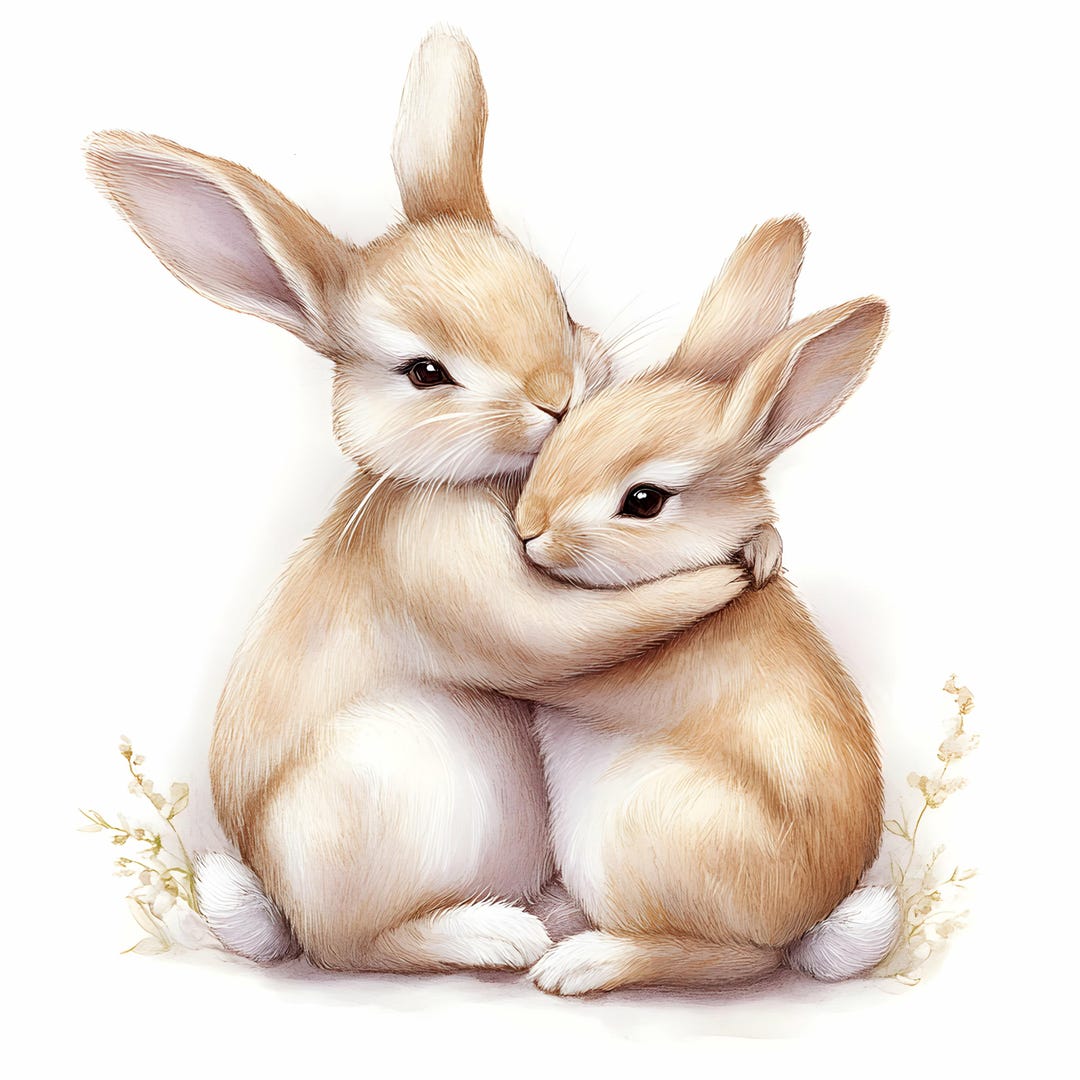 20 JPG Hugging Rabbits Watercolor, Bunny Love Neutral Nursery Clipart ...
