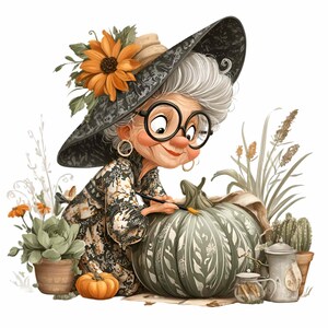 May include: A cartoon of an elderly woman with grey hair and glasses, wearing a floral dress and a witch's hat with a sunflower. She is painting a large green pumpkin with a brush, surrounded by plants and pumpkins.
