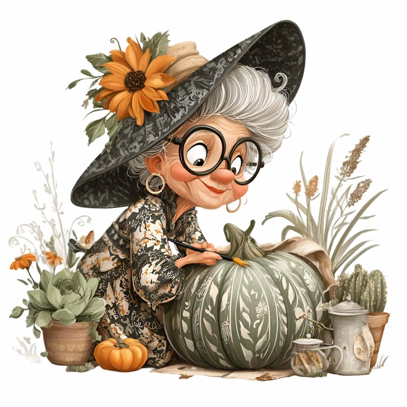 May include: A cartoon of an elderly woman with grey hair and glasses, wearing a floral dress and a witch's hat with a sunflower. She is painting a large green pumpkin with a brush, surrounded by plants and pumpkins.