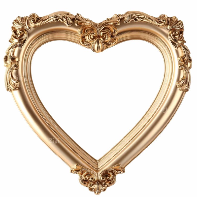 Op de afbeelding: Een gouden hartvormig fotolijstje met sierlijke details. De lijst is gemaakt van een glad, glanzend materiaal en heeft een klassiek, elegant ontwerp.
