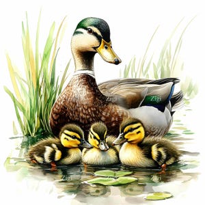 Imágenes prediseñadas de familia de patos reales con patitos (16 JPG), escena de estanque en acuarela (JPEG), arte de aves silvestres, descarga digital instantánea