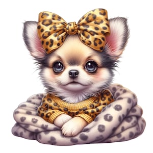 10 schattige chihuahua-png-afbeeldingen met luipaardstrik en deken – schattige kleine hondillustratie voor sublimatie en knutselen