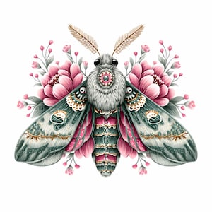May include: A detailed illustration of a moth with intricate wing patterns in teal, pink, and gold. The moth is surrounded by pink flowers and green leaves, creating a whimsical and artistic design. The moth's body is a mix of gray and pink.