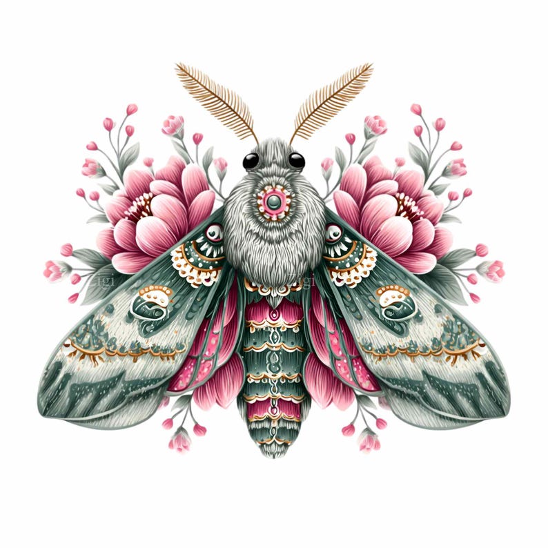 May include: A detailed illustration of a moth with intricate wing patterns in teal, pink, and gold. The moth is surrounded by pink flowers and green leaves, creating a whimsical and artistic design. The moth's body is a mix of gray and pink.