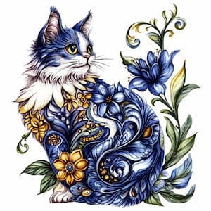 16 Blue Floral Cat PNG Clipart - Intricate Cat PNG Digital Art - Decorative Floral Cat Design Download