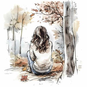 32 JPEG Clipart JPG di una ragazza autunnale nella foresta, illustrazione di una donna seduta su un tronco, scena di arte digitale con alberi e foglie autunnali