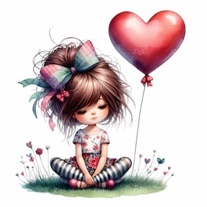 12 lindas imágenes prediseñadas de niña PNG: linda niña sentada con globo en forma de corazón: adorable arte digital