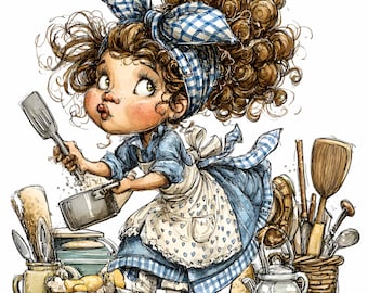 11 PNG Retro Kitchen Girl Clipart – Whimsical Chef Baking Crafts (Digital Download)