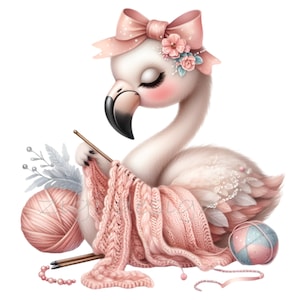 15 Stricken Flamingo PNG Clipart, niedlicher rosa Flamingo mit Garn und Schleife, Florale Details, Häkeln Szene, Handwerk Kunst