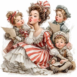 Peut inclure: Illustration vintage d'une femme et de trois enfants chantant. La femme porte une robe à rayures rouges et blanches et un nœud assorti. Les enfants sont vêtus de vêtements d'hiver et tiennent des partitions.