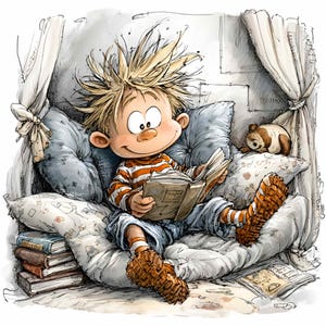 May include: A cartoon illustration of a child reading a book. The child has messy blonde hair, an orange and white striped top, and brown shoes. The child is sitting on a large pillow. A small teddy bear rests on a pillow nearby.