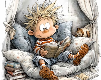 12 PNG Cartoon boy reading – Kids book lover PNG clipart for teachers, homeschool printables, classroom decor and story time crafts