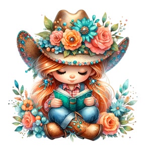12 PNG Cowgirl che legge – Ragazza con cappello floreale PNG Clipart – Arte per gli amanti dei libri western per decorazioni per la cameretta dei bambini, biglietti, lavoretti e stampe per la classe