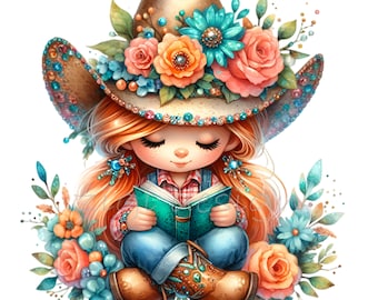 12 PNG Reading Cowgirl – Floral Hat Girl PNG Clipart – Western Book Lover Art for Kids Room Decor, Cards, Crafts and Classroom Prints