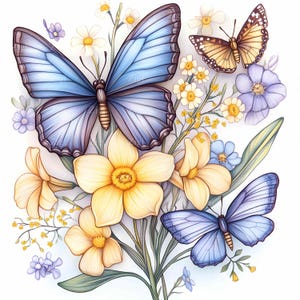 28 Clipart di fiori di farfalla JPEG, Bouquet floreale da giardino primaverile, Arte di insetti blu e gialli, Stampa digitale botanica naturale
