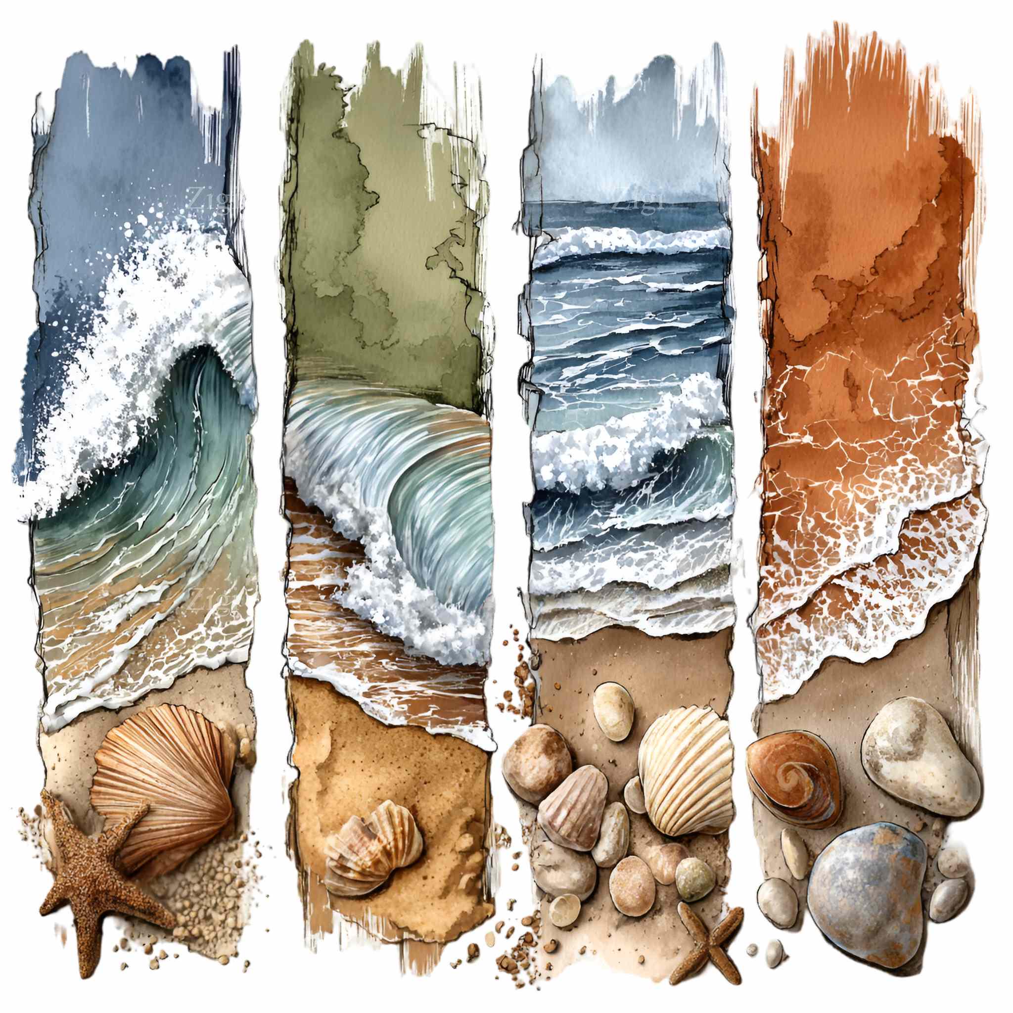 12 PNG Watercolor Beach Clipart – Ocean Wave, Seashell (digital ...