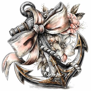 May include: Detailed illustration of an anchor with a gold and silver finish, adorned with a soft pink ribbon and a bouquet of flowers. The nautical-themed design features intricate linework and shading, creating a vintage aesthetic.