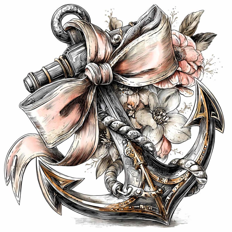 May include: Detailed illustration of an anchor with a gold and silver finish, adorned with a soft pink ribbon and a bouquet of flowers. The nautical-themed design features intricate linework and shading, creating a vintage aesthetic.