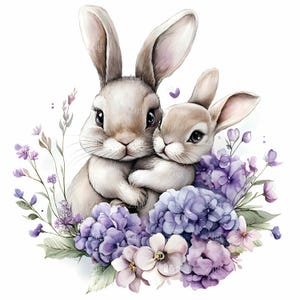 26 JPEG かわいいウサギのハグ クリップアート、紫色の花を持つ赤ちゃんウサギ JPG、森の動物デジタル ダウンロード