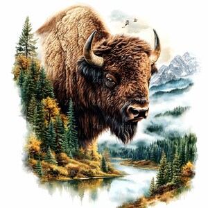 16 JPEG clipart de bisão da montanha – Paisagem de búfalo selvagem JPG – Arte rústica da vida selvagem para amantes da natureza, impressões de parede e projetos ao ar livre