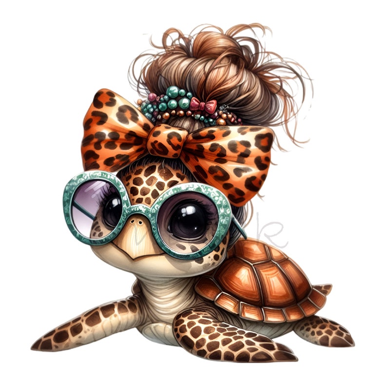 May include: A cartoon turtle with brown and orange shell wearing round green sunglasses and a leopard print bow. The turtle has a brown bun on its head with beads and pink bows.
