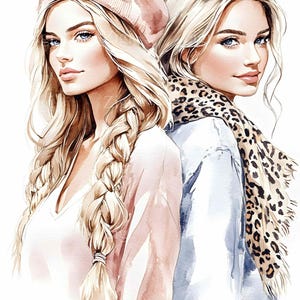 28 JPEG ファッションガールズ クリップアート JPG、三つ編みとヒョウ柄スカーフをつけた 2 人のスタイリッシュな女性、トレンディな肖像画イラストのダウンロード