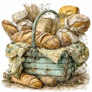 May include: A rustic, watercolor-style illustration of a wooden basket overflowing with various types of freshly baked bread. The basket is painted a faded teal color and lined with a yellow and green checkered cloth. The bread includes baguettes, round loaves, and loaves wrapped in cloth.