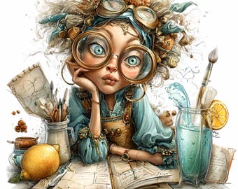 15 PNG Steampunk Inventor Artist Girl Clipart, Fantasy Journal