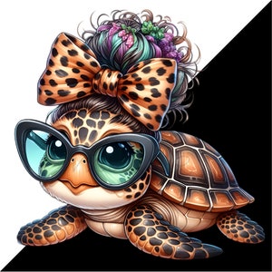 May include: A cartoon sea turtle with a leopard print bow in its hair and large, round sunglasses. The turtle has a brown shell with a pattern of geometric shapes.