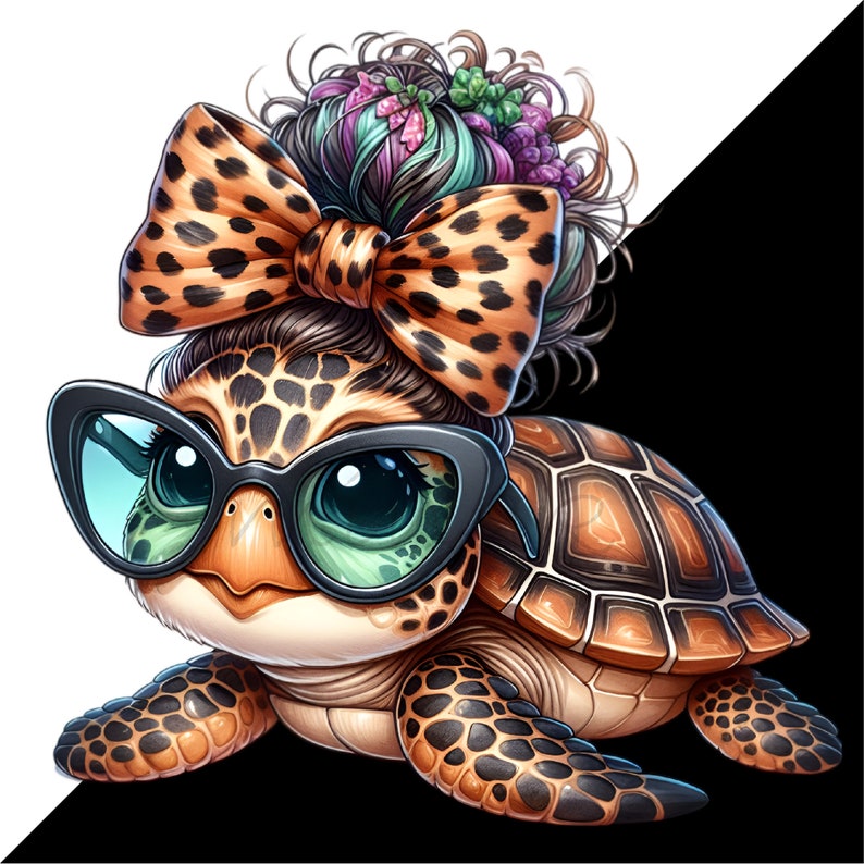 May include: A cartoon sea turtle with a leopard print bow in its hair and large, round sunglasses. The turtle has a brown shell with a pattern of geometric shapes.